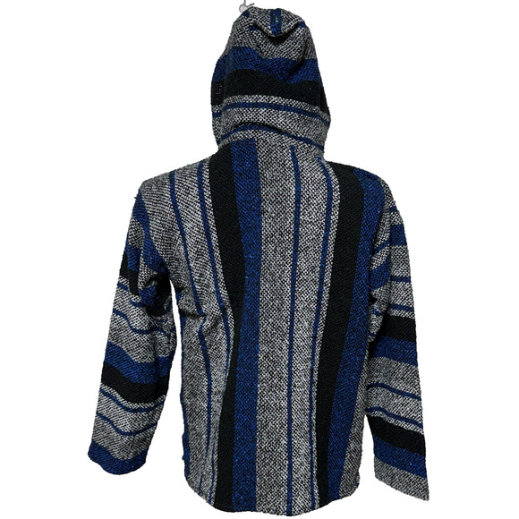 Baja Hoodie Mens Medium Blue Black Striped Drug Rug Tapestry Pullover Hippie - Picture 2 of 8